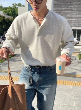 韩国东大门亨利衫男华夫格肌理感宽松长袖t恤门襟领工装polo衫潮