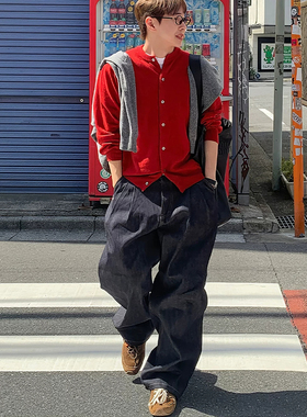 红色包芯纱针织开衫男氛围感修身长袖卫衣美式圆领排扣羊毛夹克衫