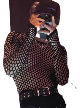 欧美渔网镂空罩衫男透视性感修身长袖t恤街舞叠穿防晒网纱洞洞服