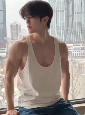 美式u型大领纯棉背心男松弛感宽松无袖t恤细肩带低领透气打底坎肩