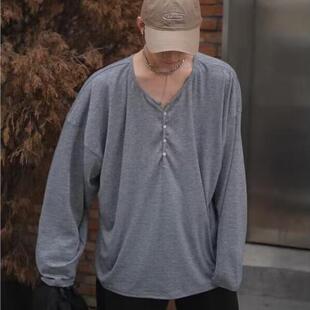 慵懒风大领口亨利衫男友风松弛感宽松长袖t恤半开扣低领打底衫潮