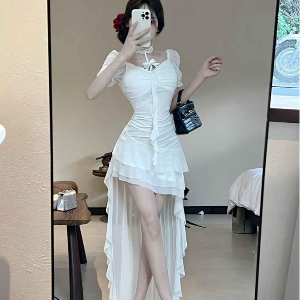 夜总店上班技师气质绝美连衣裙女夏季海边度假氛围感不规则下摆仙