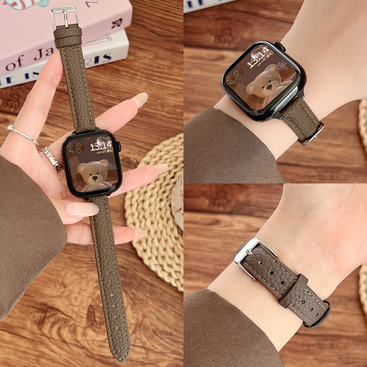 适用新品华为fit4荔枝纹皮质表带