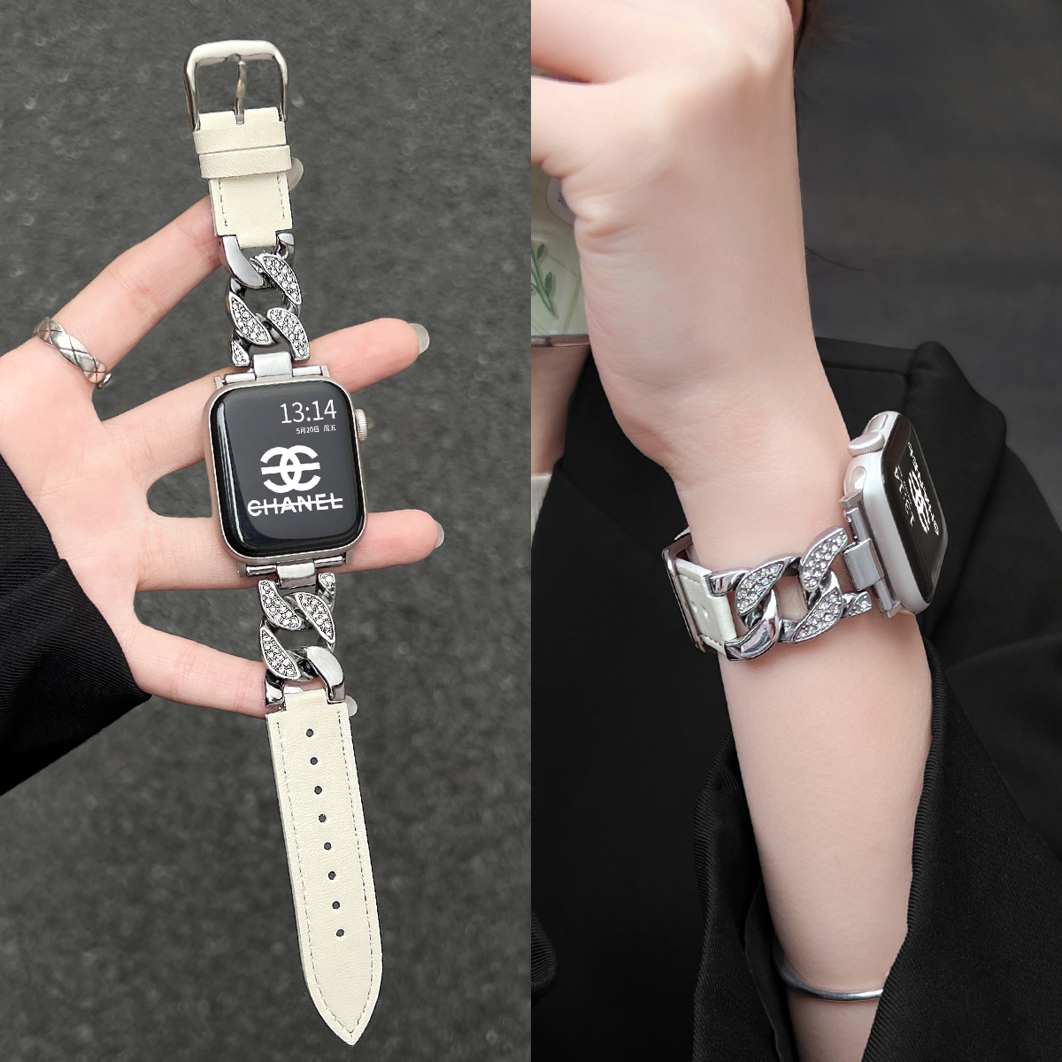 适用小米9pro金属牛仔链间皮表带