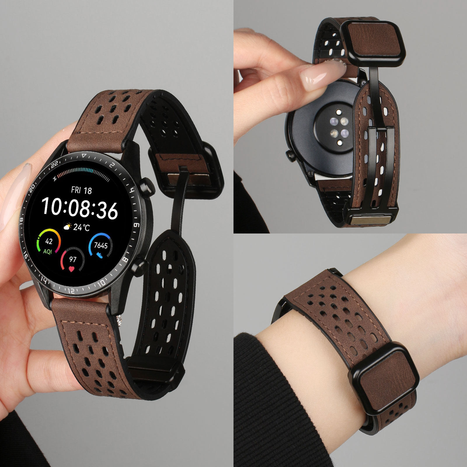 适用华为watch6疯马皮表带网洞款