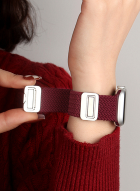 适用applewatchs10表带新年编织金属磁吸iwatchs10女生秋冬新款apple watchs9苹果手表s8新品7红色se系列手链