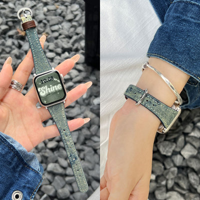 适用华为fit3牛仔皮质马蹄扣表带