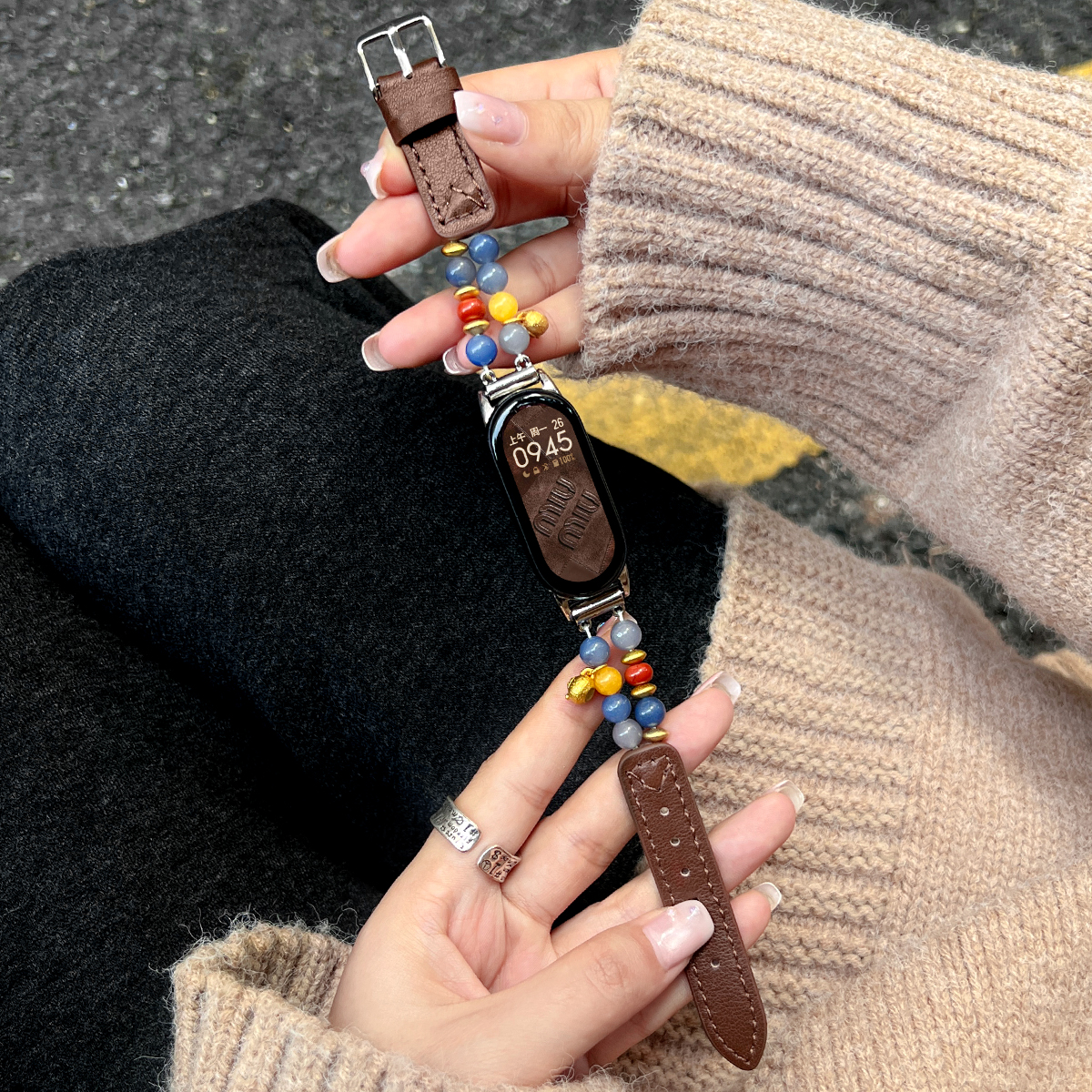 适用米环10串珠真皮表带秋冬新品