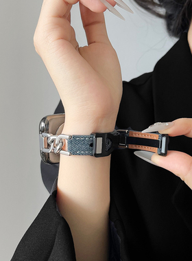 适用applewatch10/9/8表带夏天iwatch7/6手表带金属磁吸苹果s11手表SE替换带牛仔ultra高级感s10十s9小众s8女