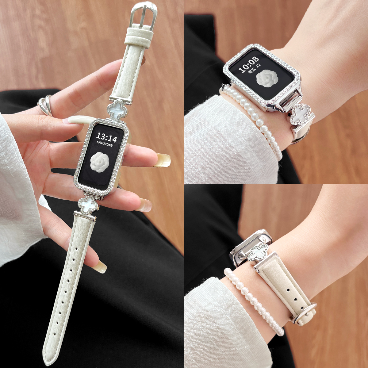 适用手环10四叶草镶钻皮表带表壳