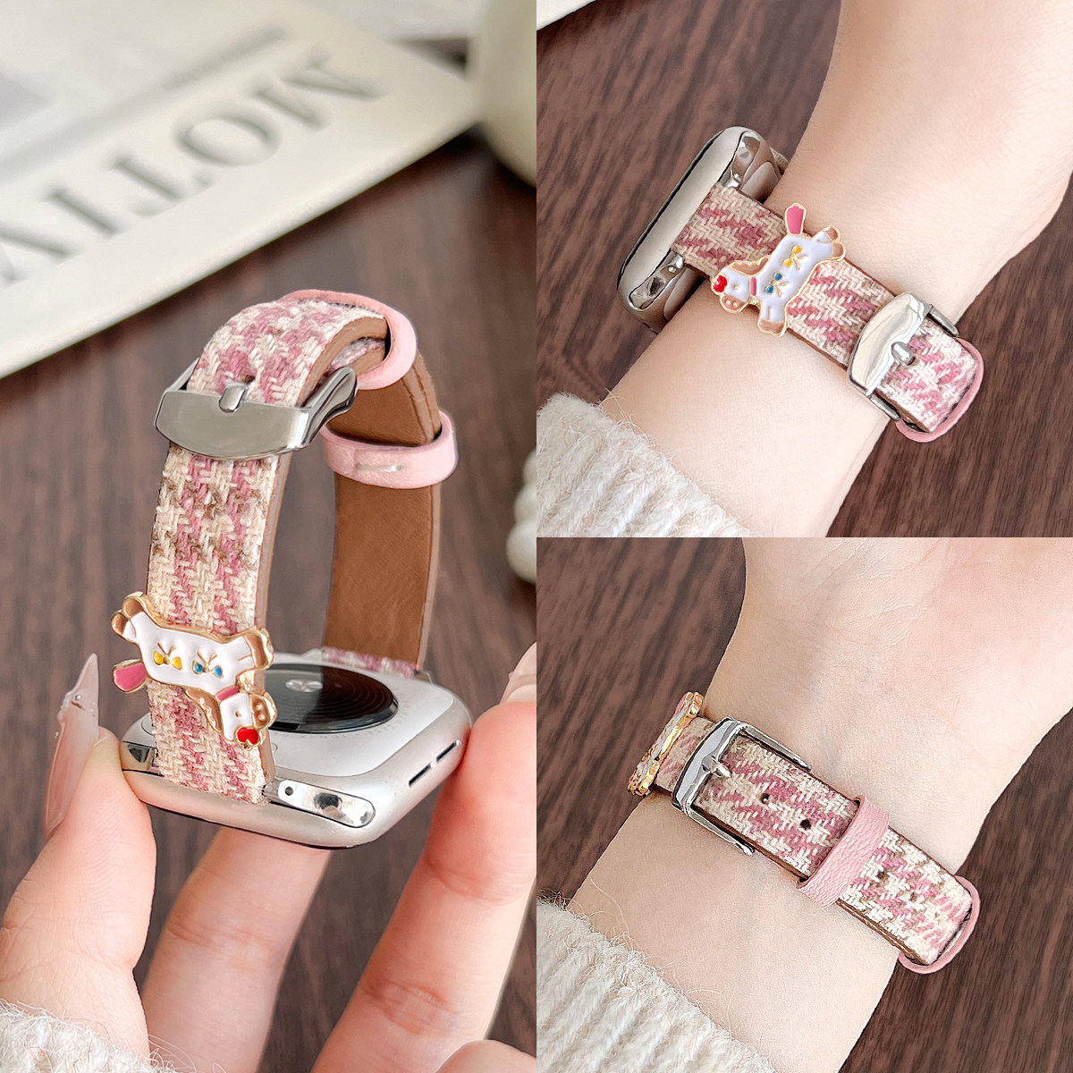 适用苹果手表s11表带真皮s12腕表iwatchs10手表带韩系女款专用applewatchs9高级感se3秋冬s8女士s7智能6表链