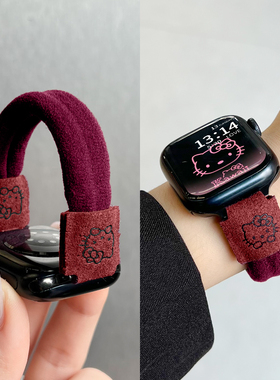 适用苹果手表s10表带弹力皮筋可爱kt猫iwatchs9/8/7手表带秋冬新款apple watch10腕带红色iwatch小众女款表链