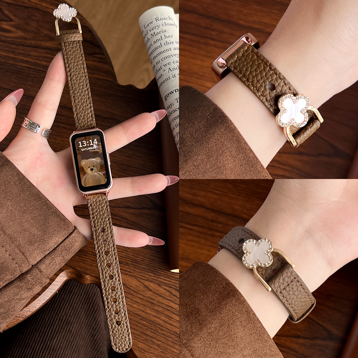 适用华为手环10表带皮质四叶草扣