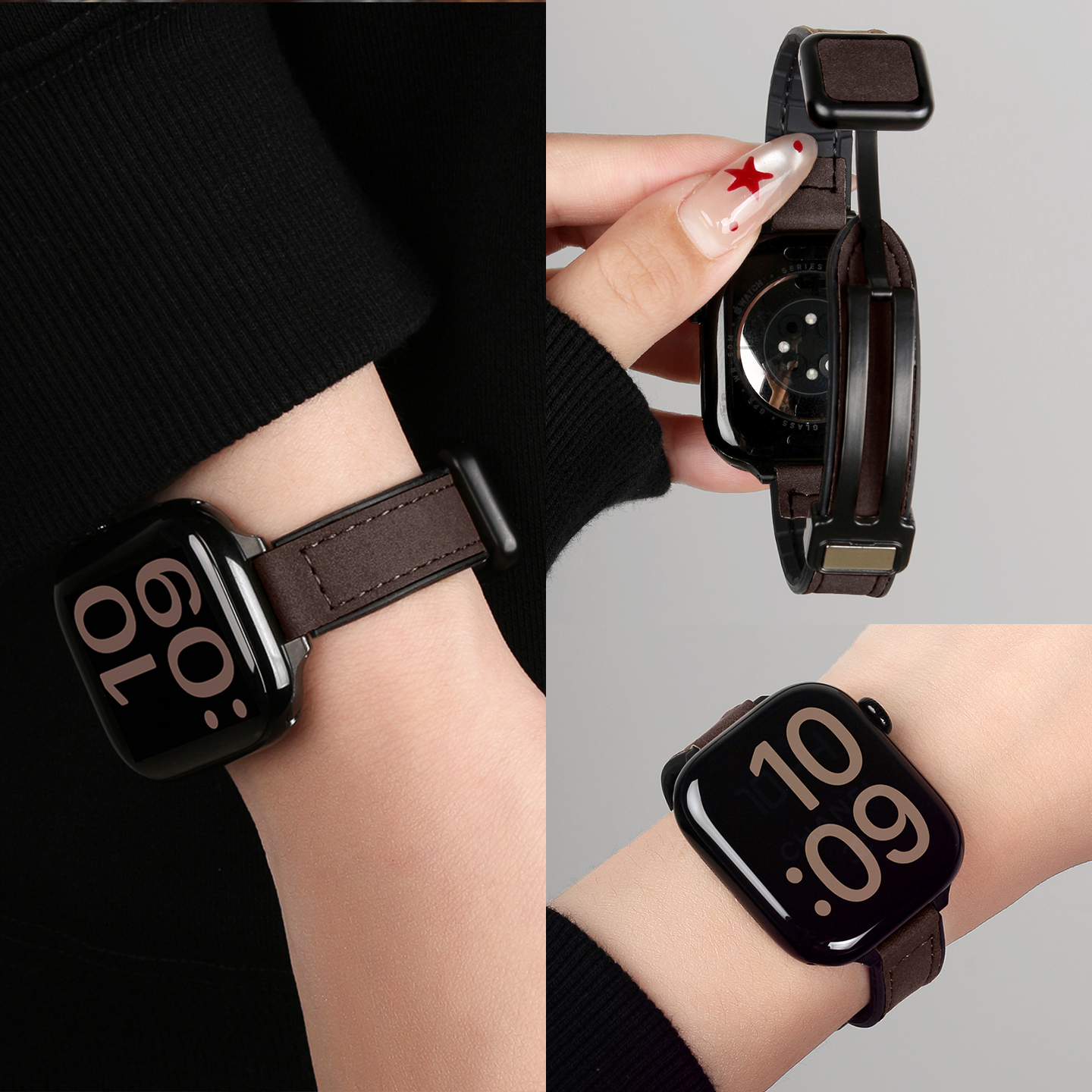 适用iwatchs11表带疯马皮磁吸带