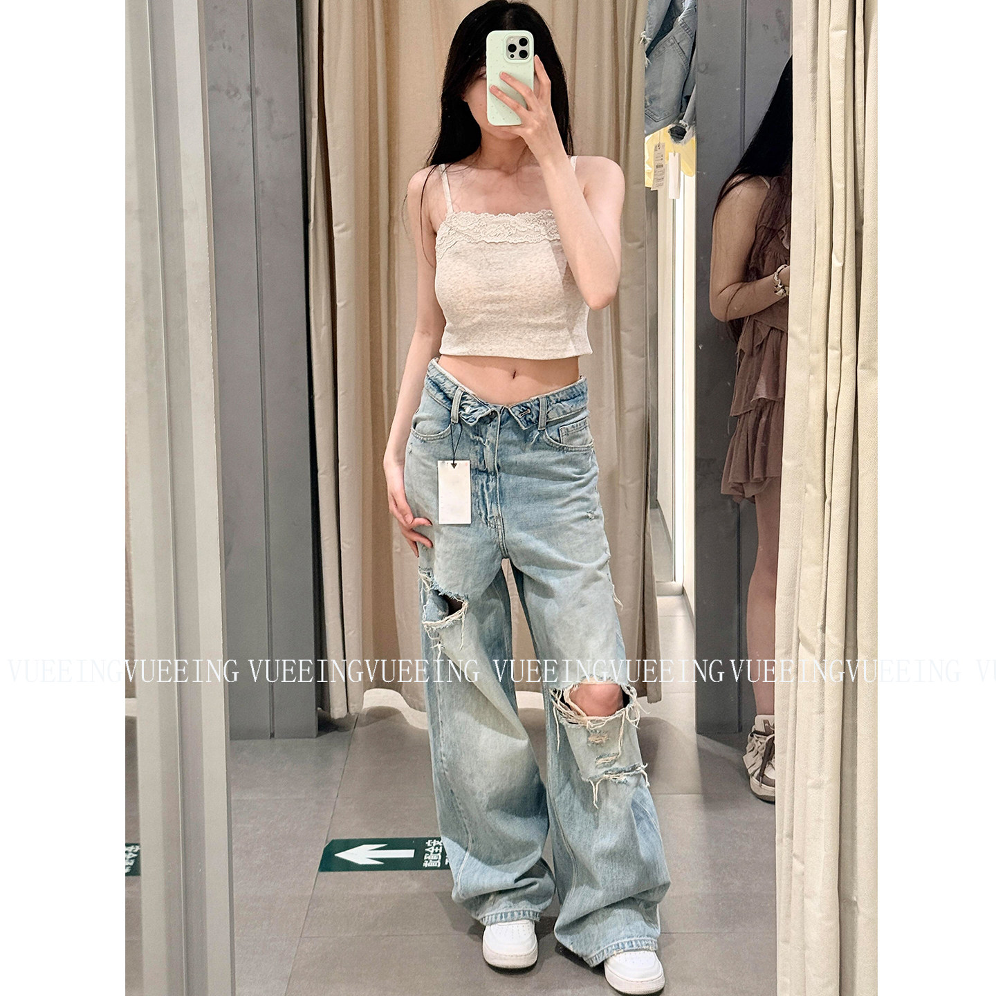 重工水洗做旧破洞阔腿牛仔裤女