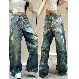 新款AC3D数码印花糖果链条2006F1981m男女通勤休闲直筒湾刀牛仔裤