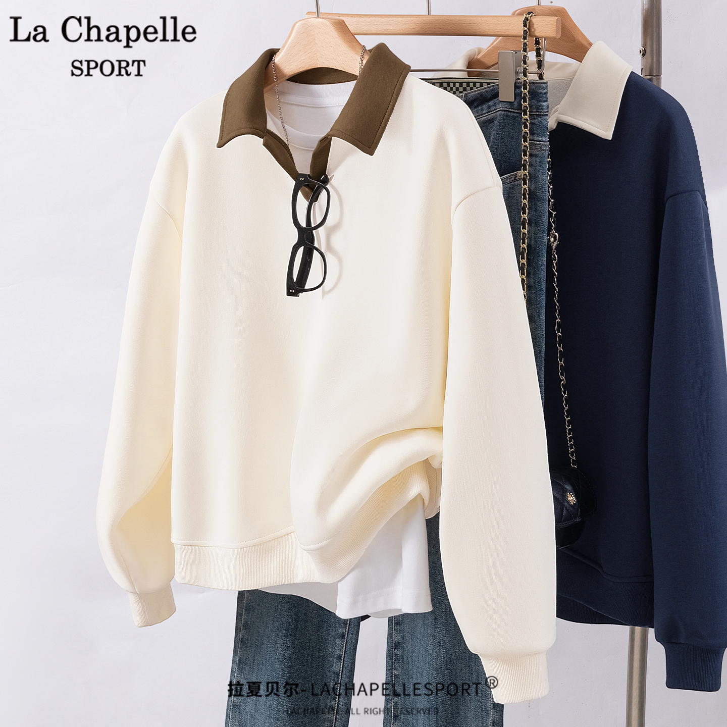 拉夏贝尔奥粒绒翻领宽松卫衣