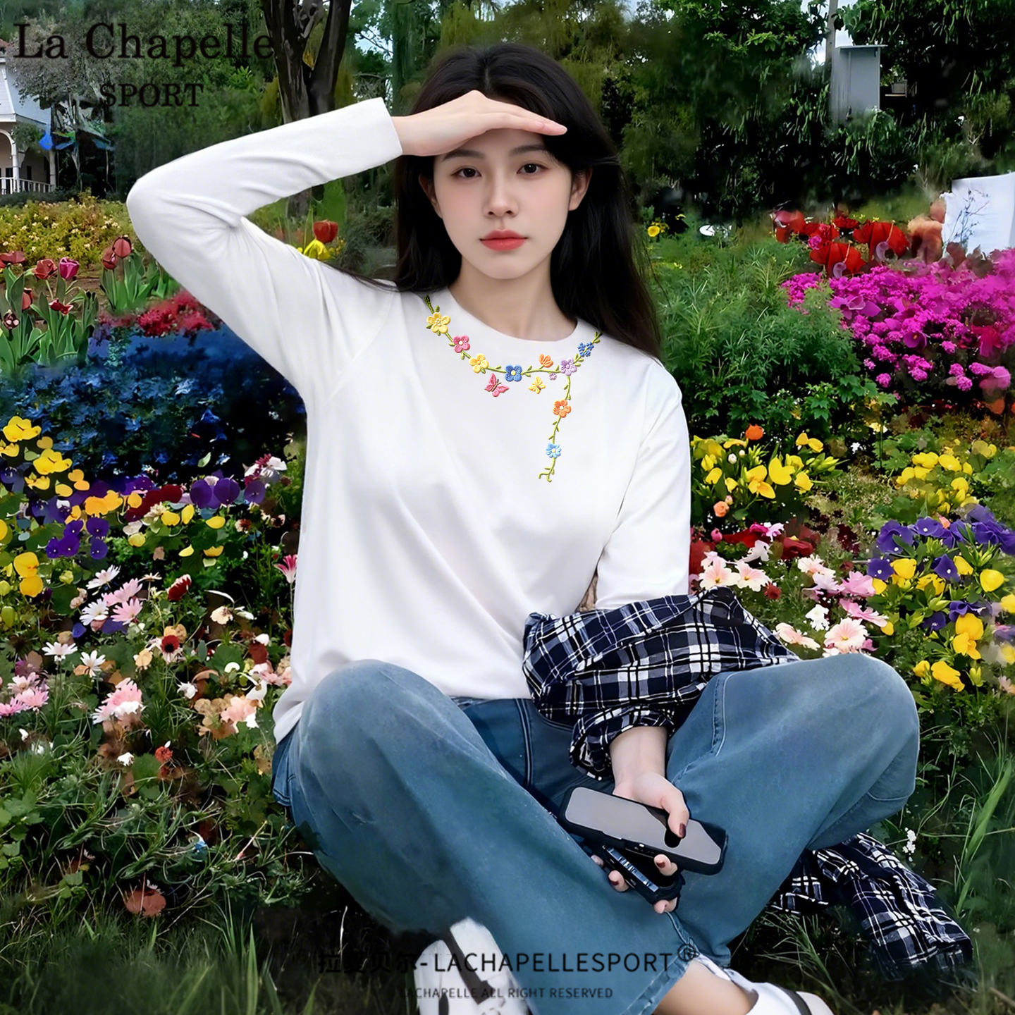 拉夏贝尔宽松薄款纯棉长袖t恤