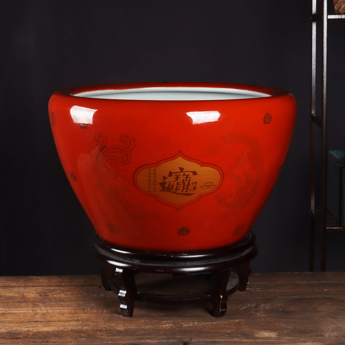 景德镇陶瓷聚宝盆鱼缸红色招财进宝荷花盆客厅阳台金鱼缸风水摆件