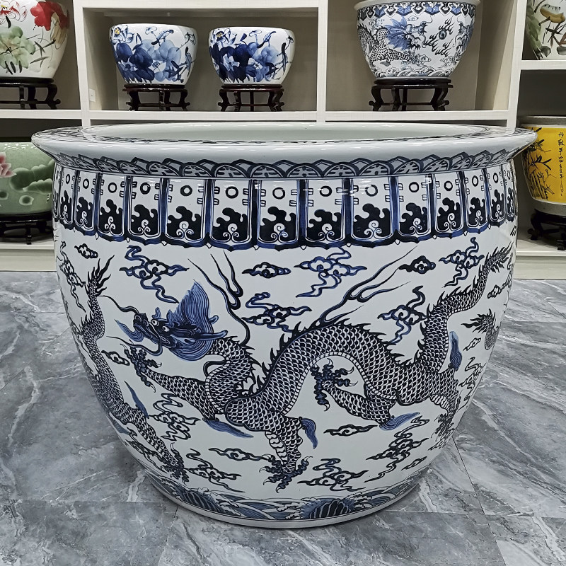 手绘青花龙纹大鱼缸养荷花睡莲盆