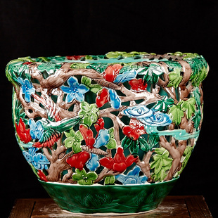 陶瓷鱼缸养鱼盆颜色釉手工雕刻大缸养鱼金鱼书画缸花盆风水缸摆件