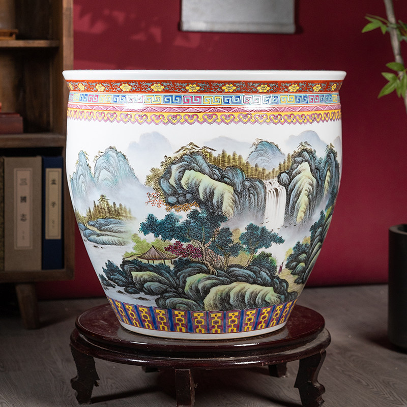 高档手绘陶瓷水缸摆件景德镇粉彩山水鱼缸书字画收纳筒荷花盆装饰