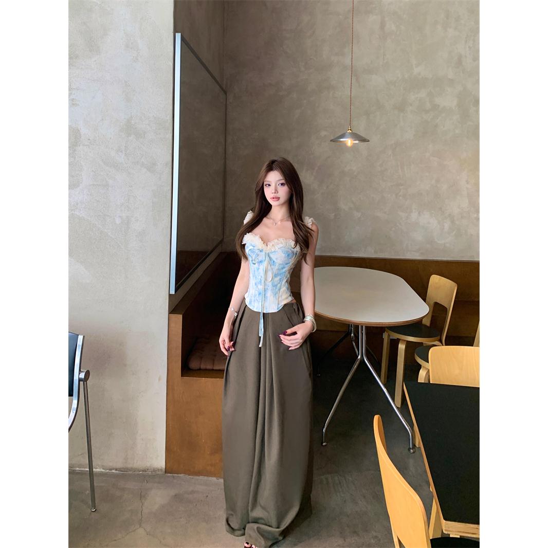 宅女时尚套装浅蓝色蕾丝花边抹胸背心女夏季休闲阔腿裤两件套