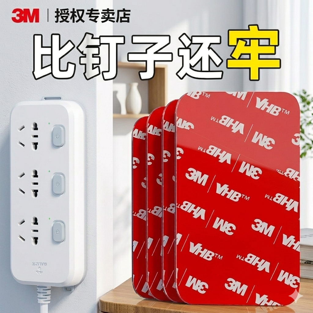 3m强力双面胶高粘度固定墙面无痕插排插座拖线板固定贴免打孔胶带