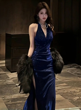 GirlsAt18 法式性感闪闪挂脖连衣裙女气质高级感蓝色生日礼服长裙