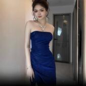 GirlsAt18 蓝色闪闪抹胸连衣裙女气质高级生日宴会礼服性感长裙