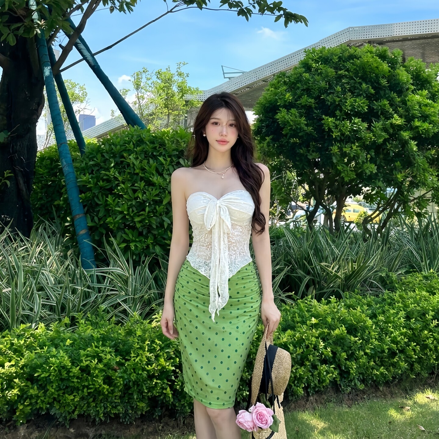GirlsAt18 海边度假风套装纯欲性感抹胸上衣绿色波点半身裙两件套