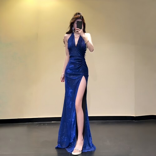 GirlsAt18 性感闪闪蓝色挂脖连衣裙女气质高级生日宴会晚礼服长裙