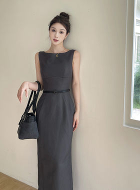 GirlsAt18 灰色无袖背心连衣裙女夏季新款法式高级收腰气质长裙