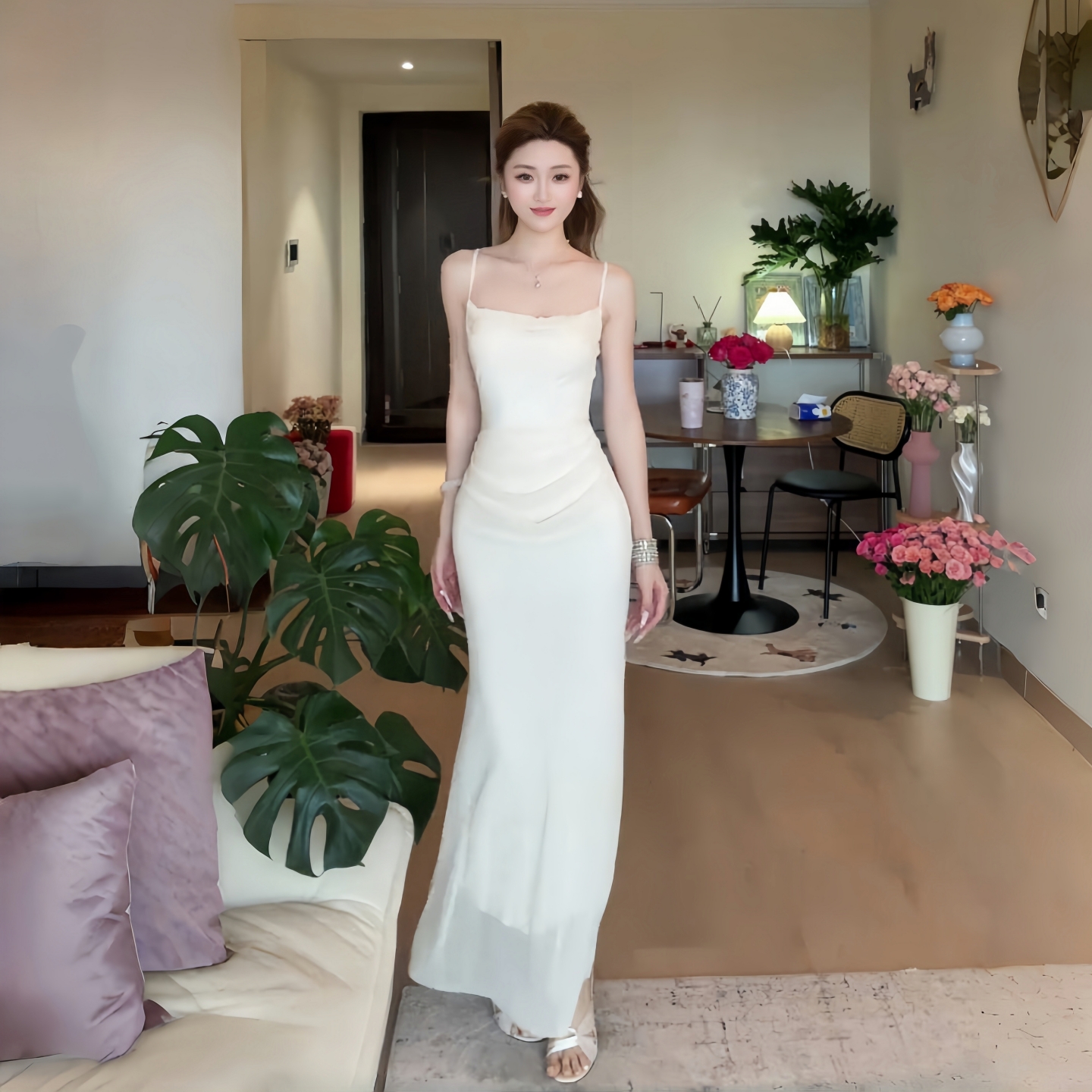 GirlsAt18 性感荡领吊带连衣裙女夏高级网纱拼接修身度假礼服长裙