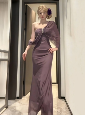 GirlsAt18 性感紫色抹胸连衣裙女夏季高级网纱设计感修身礼服长裙