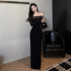 GirlsAt18 黑色烫钻一字肩连衣裙女秋冬高级性感修身 包臀礼服长裙