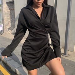 GirlsAt18 欧美风长袖衬衫裙女装御姐微胖显瘦裙子秋冬黑色连衣裙