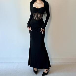 连衣裙女秋冬性感修身 高级感黑色蕾丝长袖 包臀长裙 法式 GirlsAt18