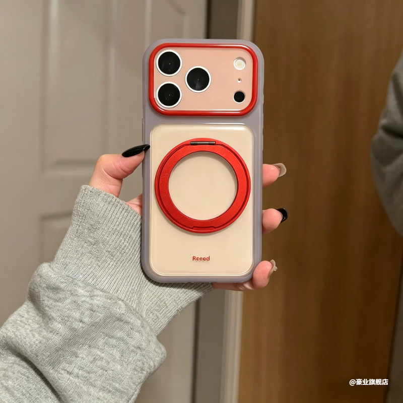 适用苹果18Promax手机壳iphone17PM新款杏红撞色带360旋转磁吸支架16精孔按键全包15pro简约ins风防摔保护套