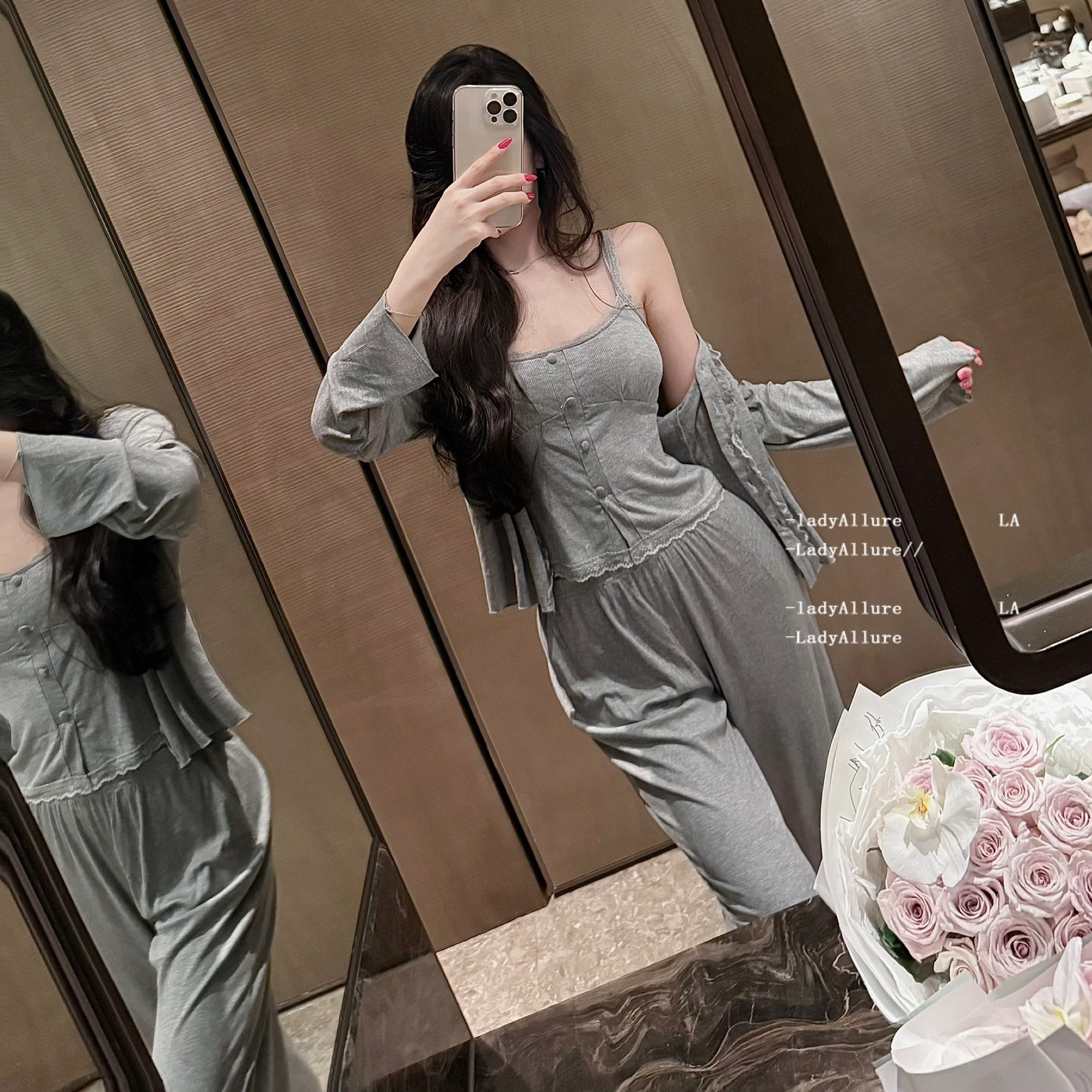 「LA」持宠而娇*纯欲蕾丝花边吊带带胸垫莫代尔棉长袖三件套睡衣