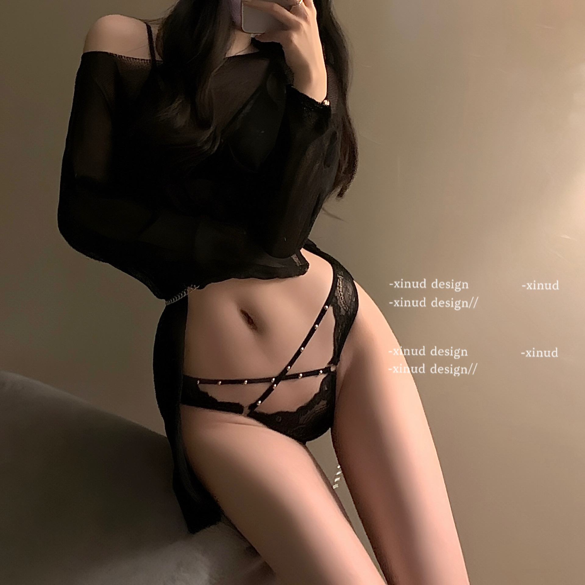 「LA」辣妹腰姬*原创性感欧美风钻饰铆钉交叉性感蕾丝三角内裤