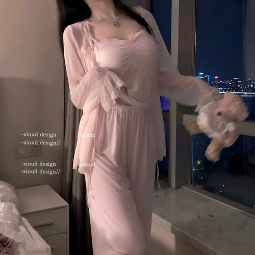 「LA」娇香伊人*法式丝带外衫睡衣舒适带胸垫甜美温柔家居服套装