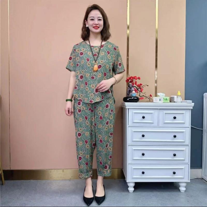 *叙蓝女装中老年夏季薄款妈妈装2026新款短袖套装女款印花两件套