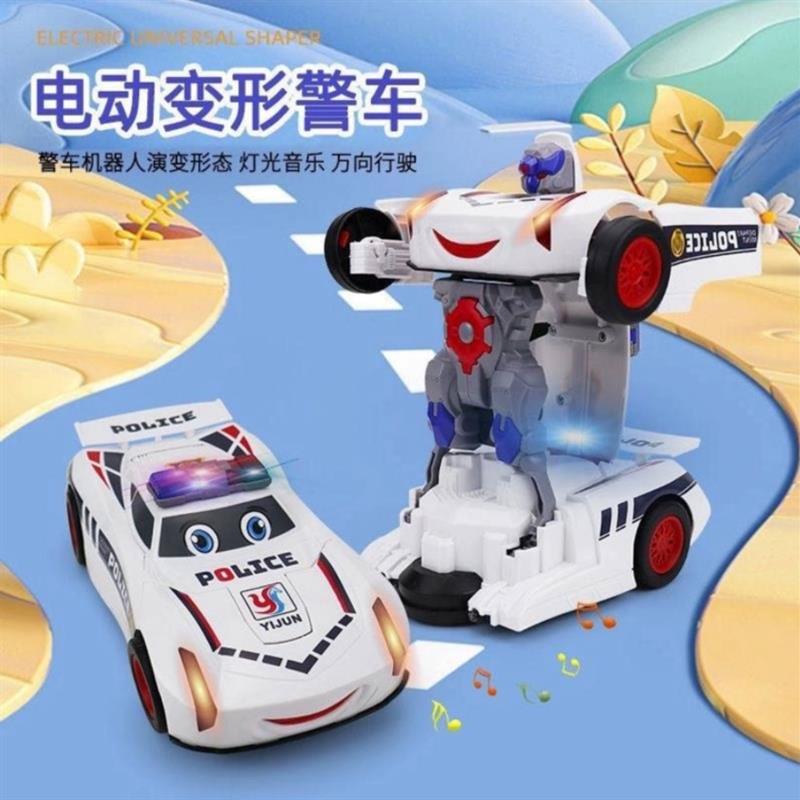 2025爆款变形汽车玩具警车机器人男孩全自动万向炫彩灯光电动礼物