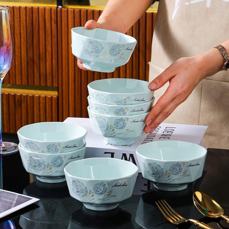 句途10只影青牡丹花碗家用陶瓷4.5英寸米饭碗加厚防烫吃面碗套装