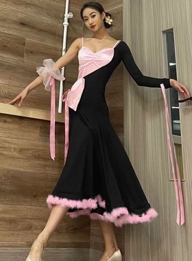 LR063秋冬摩登舞服自带胸垫底裤裙摆羽毛日常比赛表演服