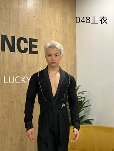 lucky048新款 拉丁舞服亮丝深V翻领带按扣底裤