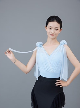 LR081新款飘纱花朵上衣拉丁舞服练功服带胸垫有底裤多色可选