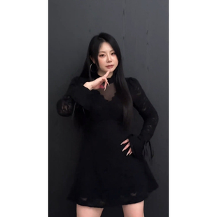 【大小姐】“夜色华尔兹”法式蕾丝显瘦长袖气质小黑裙连衣裙短裙