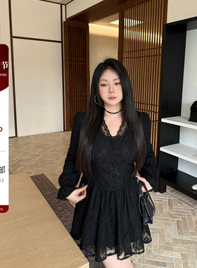 大小姐“浪漫陷阱”设计感纯欲辣妹黑色V领蕾丝长袖连衣裙A字短裙